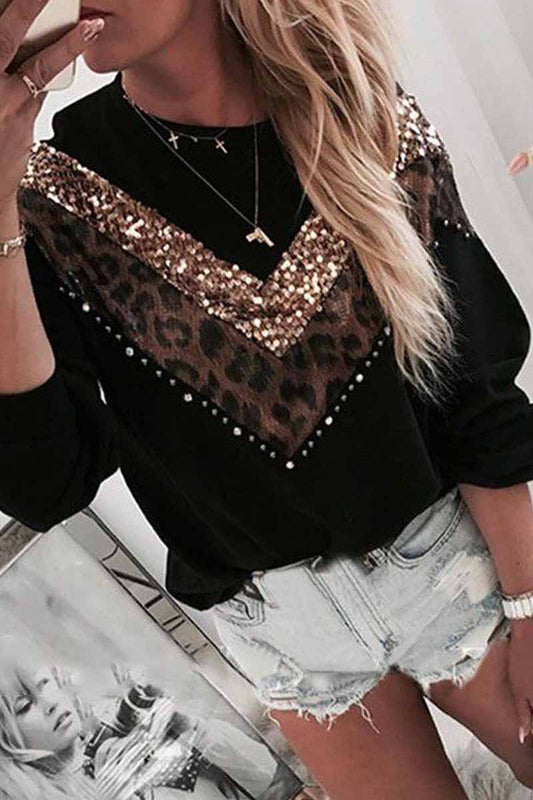Leopard Sequin O-Neck Top