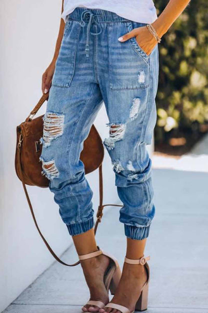 Vaqueros holgados rotos con cintura ajustable