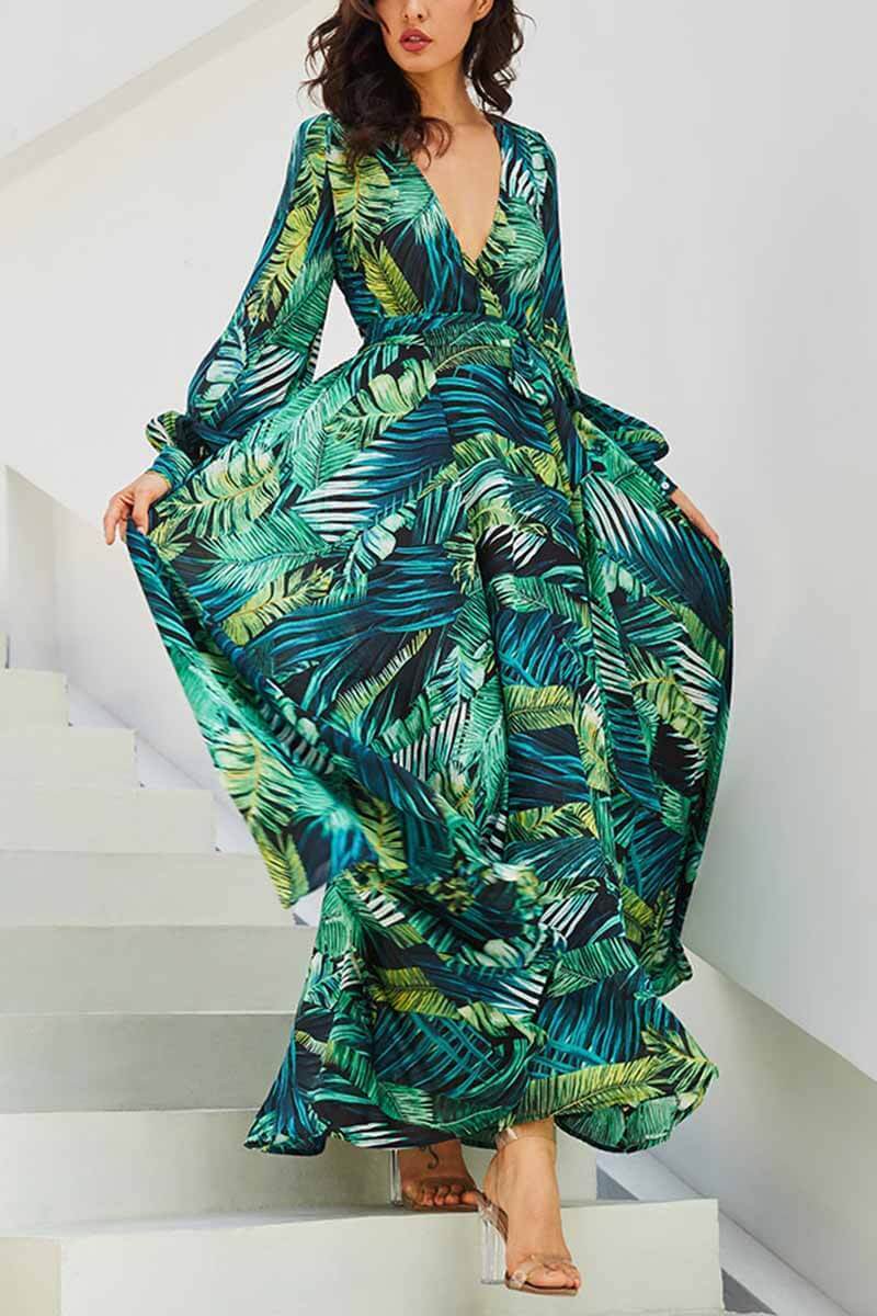 Vestido largo con cuello en V y estampado de hojas