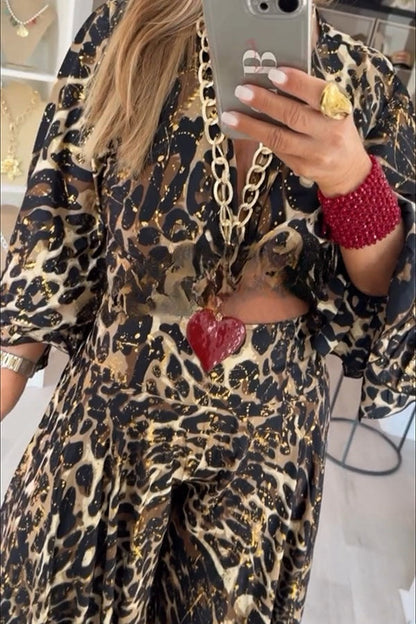 Conjunto de top con mangas abullonadas y estampado de leopardo dorado y pantalones acampanados extragrandes con cintura elástica y tiro alto