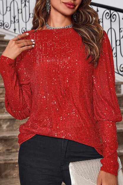 Top holgado de manga larga con cuello redondo y lentejuelas de color liso