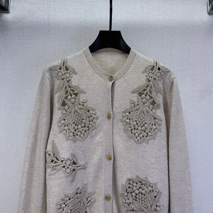 LP 25 Embroidered Floral Pattern Hollow Cardigan Gray Cashmere 315858