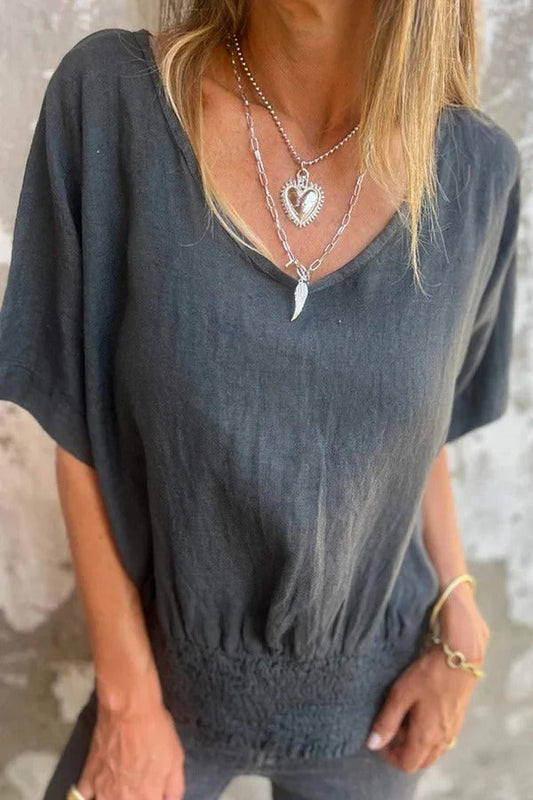Blusa informal holgada con pliegues y cuello en V de mezcla de lino en color liso