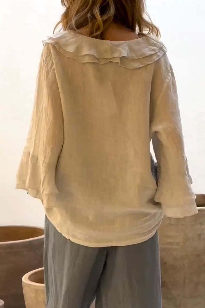 Tops casuales de algodón y lino con cuello con volantes para mujer