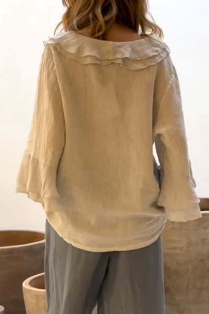 Tops casuales de algodón y lino con cuello con volantes para mujer