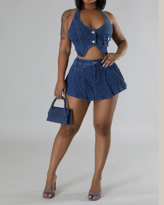 Halter Neck Button Washed Stretch Denim Mini Skirt Set