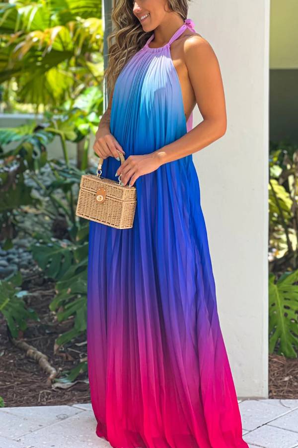 Vestido largo con cuello halter rosa y morado 