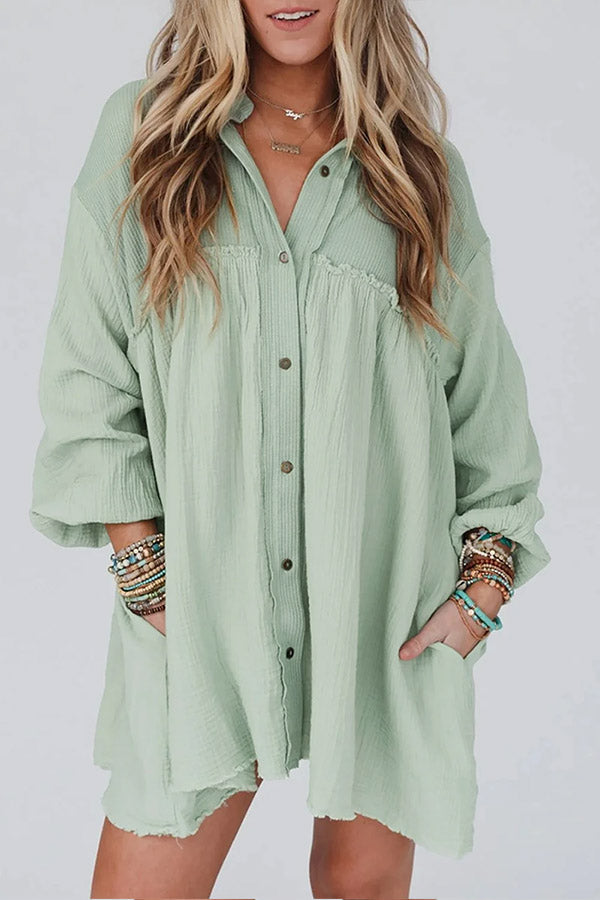 Patchwork Crinkled Puff Sleeve Raw Hem Dress
