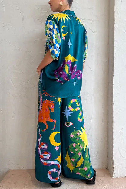 Pantalones Pierson de mezcla de lino con estampado único, cintura elástica, bolsillos y pierna ancha