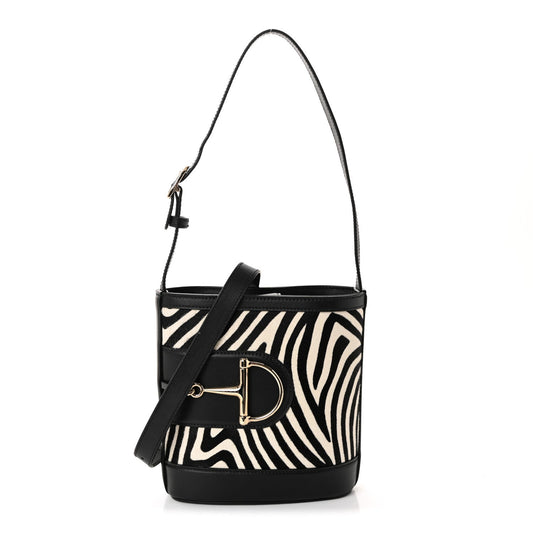 Calf Hair Calfskin Zebra Print Gucci 73 Mini Bucket Bag Black White