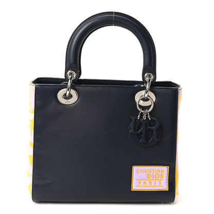 Calfskin Floral Print Medium Lady Dior Navy Blue Multicolor