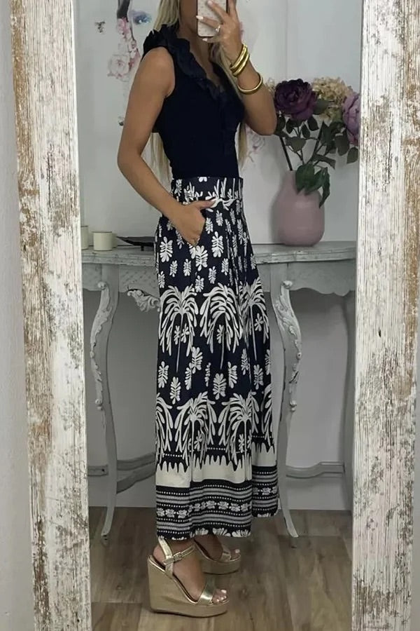 Pantalones anchos de pierna para vacaciones con bolsillo suelto y cintura elástica con estampado único