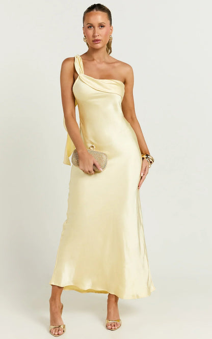 Calix Midi Dress - One Shoulder Slip Dress in Butter