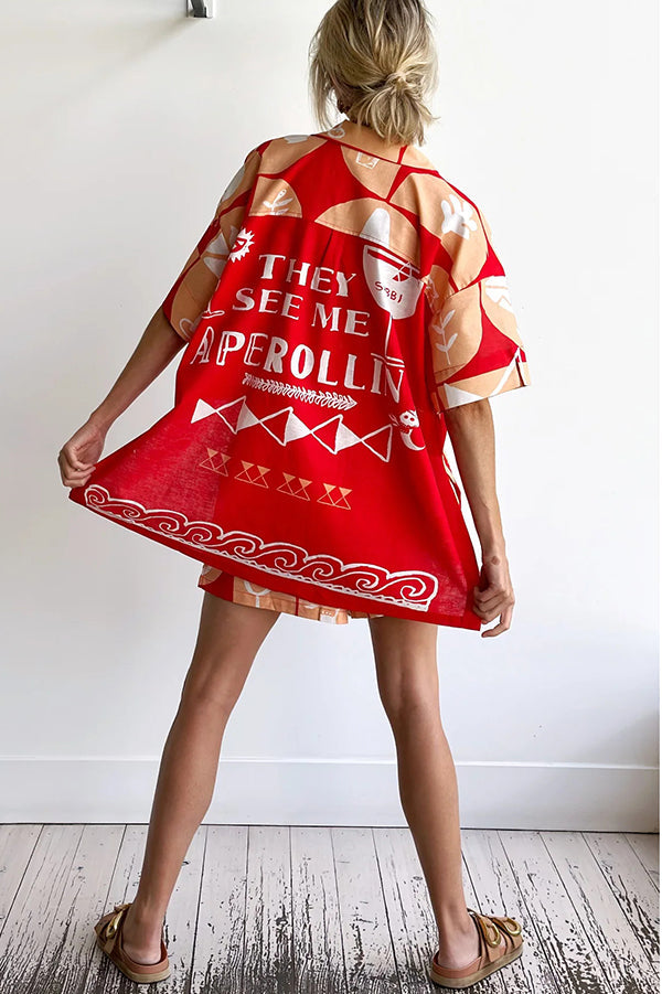 Conjunto de camisa de mezcla de lino con estampado único y pantalones cortos holgados con bolsillo y cintura elástica