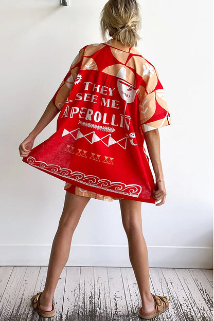 Conjunto de camisa de mezcla de lino con estampado único y pantalones cortos holgados con bolsillo y cintura elástica