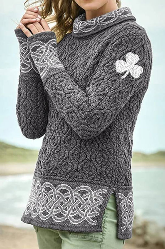 Suéter de cuello alto con diseño de trébol y nudo celta para mujer