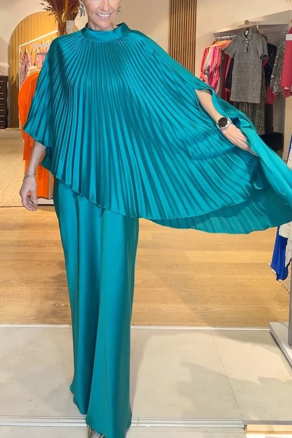 Conjunto de capa suelta plisada y falda larga elegante de satén Lily en color liso
