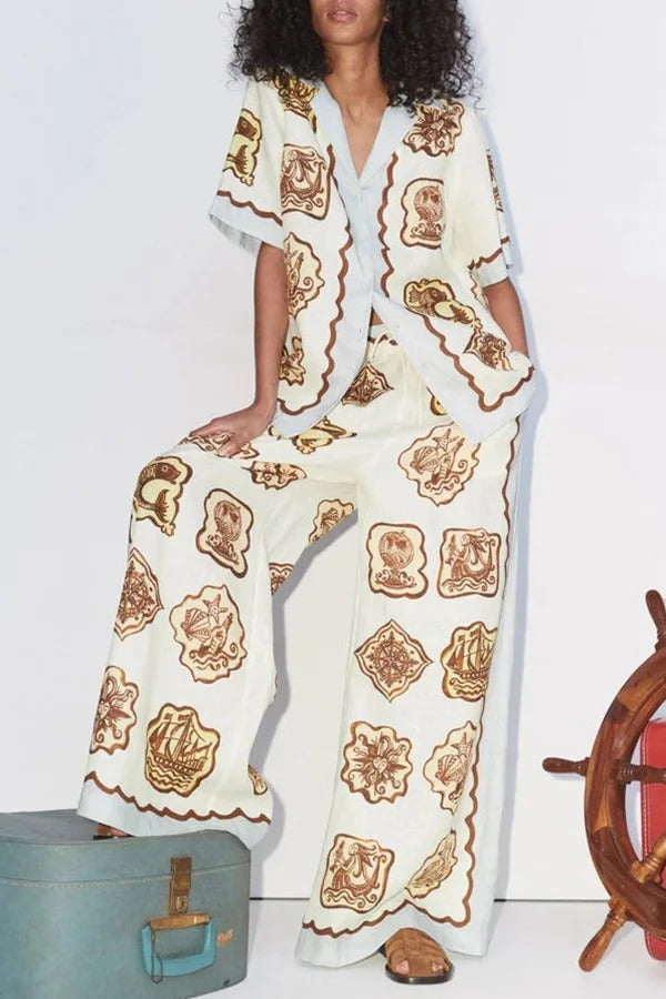Pantalones anchos con bolsillo y cintura elástica con estampado único de mezcla de lino Lakeside Breeze