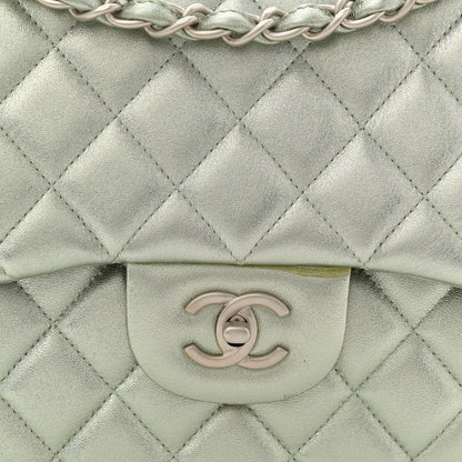 Metallic Lambskin Quilted Jumbo Double Flap Green