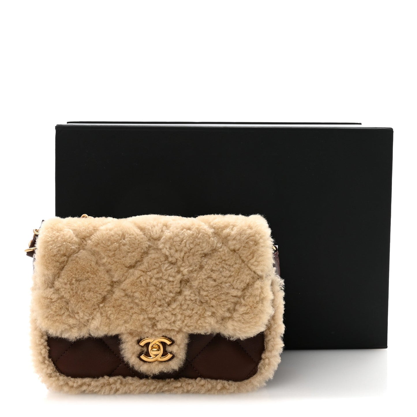 Shearling Lambskin Quilted Mini Furry Coco Flap Beige Dark Brown