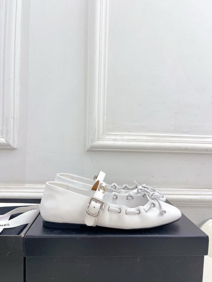 CC 26 SS Ruffled Bow Mary Jane Flats White Calfskin 586929