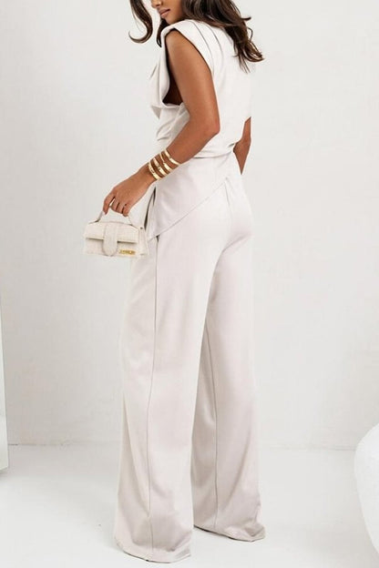 Conjunto de top fruncido con abertura en los hombros y pantalones anchos con bolsillos y cintura elástica de Jordy 