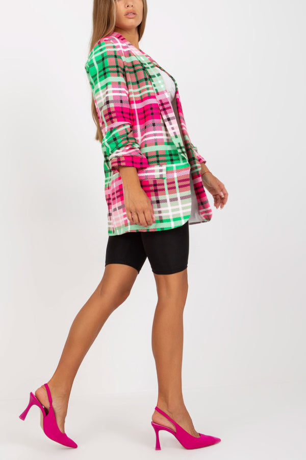 Blazer informal para mujer, chaqueta de traje de oficina con bolsillos y manga larga a cuadros de color y abertura frontal