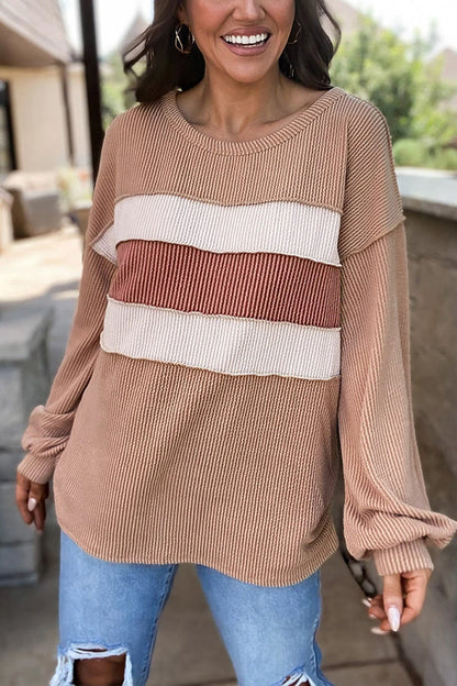 Top de manga farol con cordones y patchwork beige claro