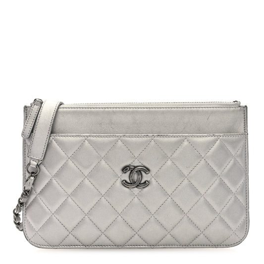 Metallic Lambskin Quilted Clutch With Chain Silver