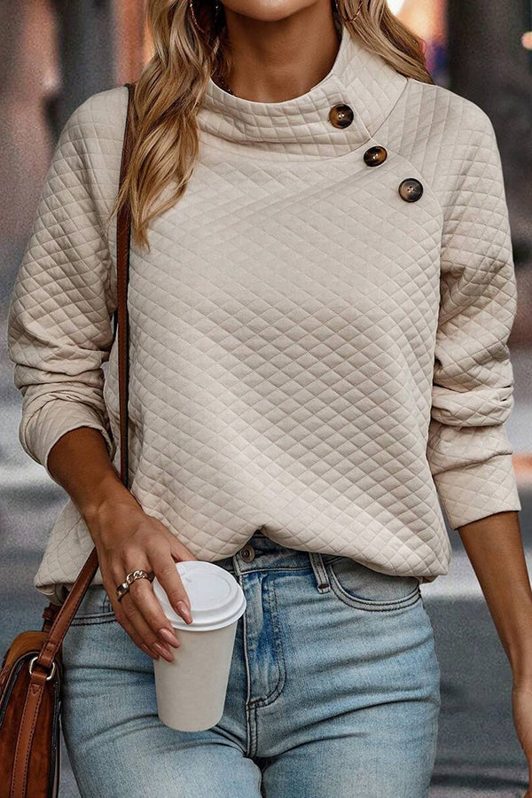 Sudadera casual con botones y cuello alto a cuadros de color liso