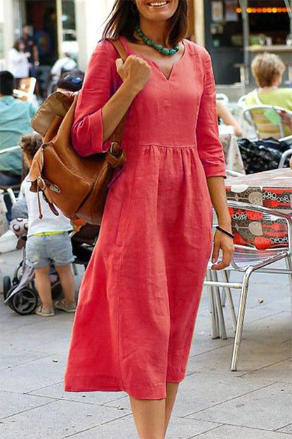 Vestidos casuales sencillos de color liso con escote en V y falda de un solo paso