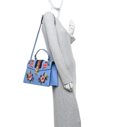 Calfskin Embroidered Medium Sylvie Top Handle Bag Clear Sky Blue
