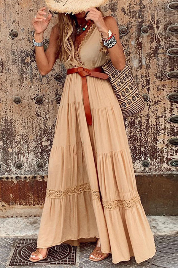Vestido elegante de longitud media con escote en V y cintura alta 