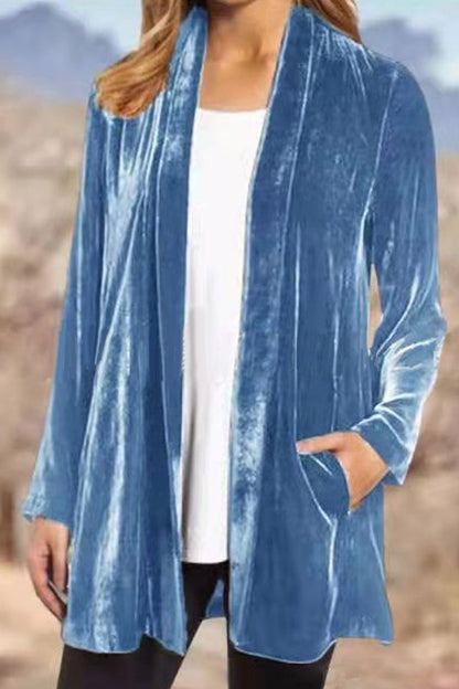 Blazer tipo cárdigan informal de terciopelo dorado de color liso