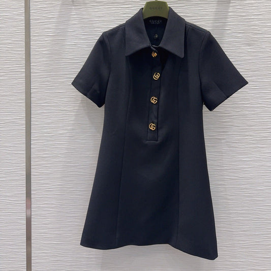 GG Crêpe Dress With Double G Button Black Wool 346685