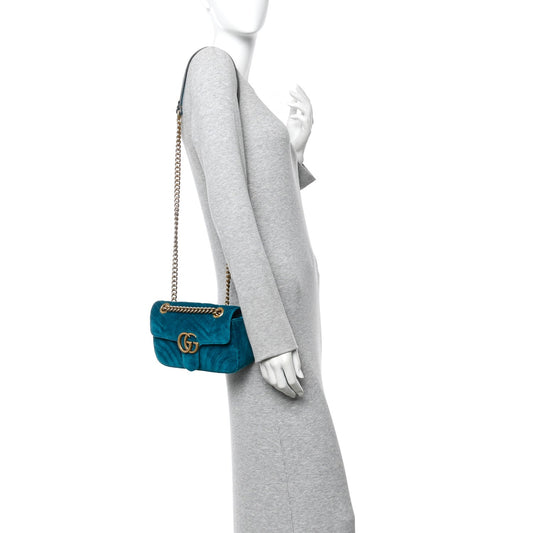 Velvet Matelasse Mini GG Marmont Shoulder Bag Pavone Cyan