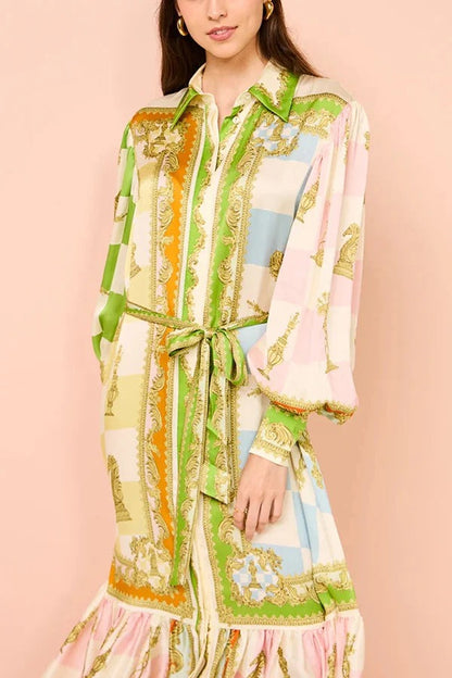 Vestido camisero largo con cinturón y mangas abullonadas con estampado único de satén para fiesta en el jardín