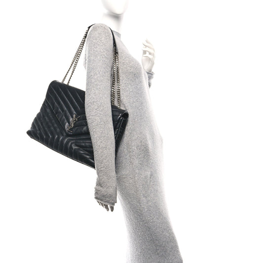 Calfskin Y Quilted Monogram Large Loulou Chain Satchel Black