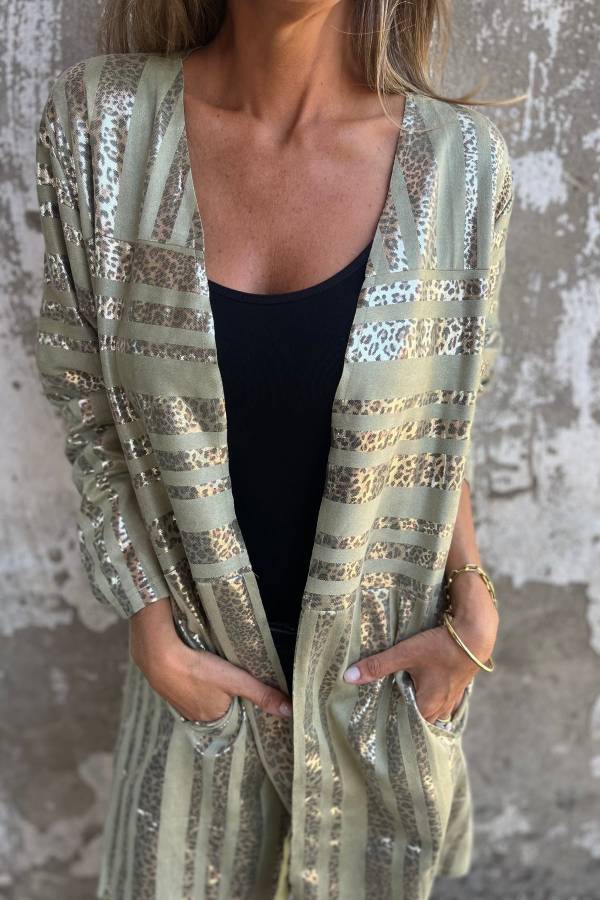 Abrigo midi holgado de manga larga con bolsillo y estampado de leopardo dorado de moda