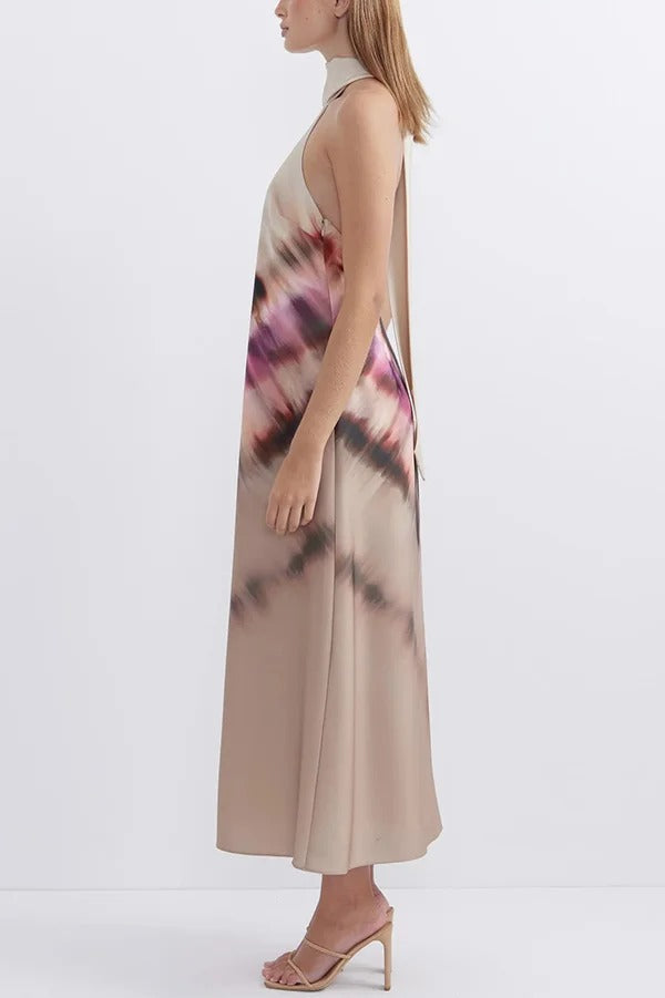 Vestido largo con cuello halter, espalda descubierta y cordones, estampado único