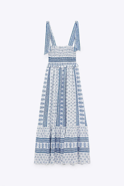 Vestido midi con tirantes fruncidos y estampado Helga 