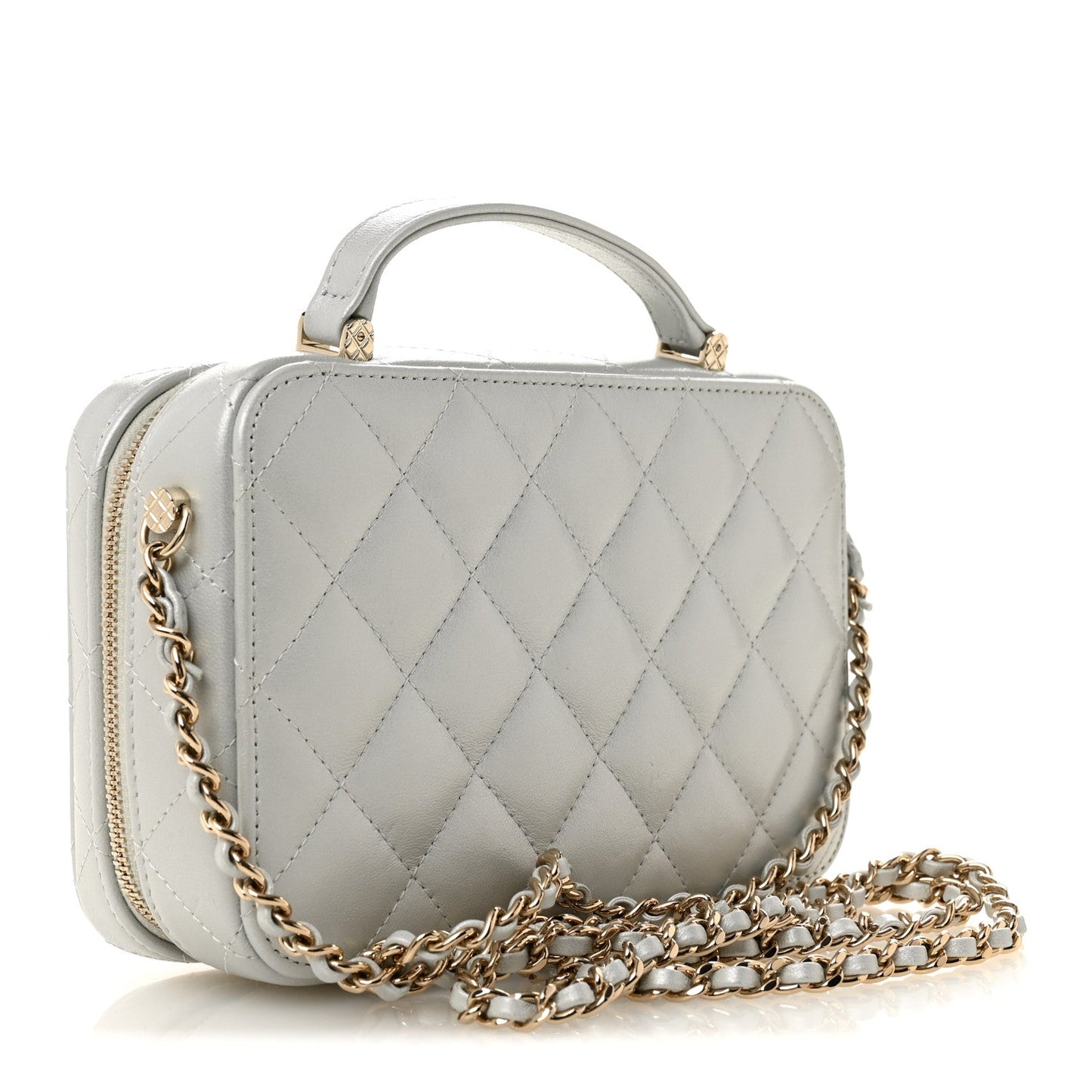 Metallic Lambskin Quilted Top Handle Vanity Case Silver