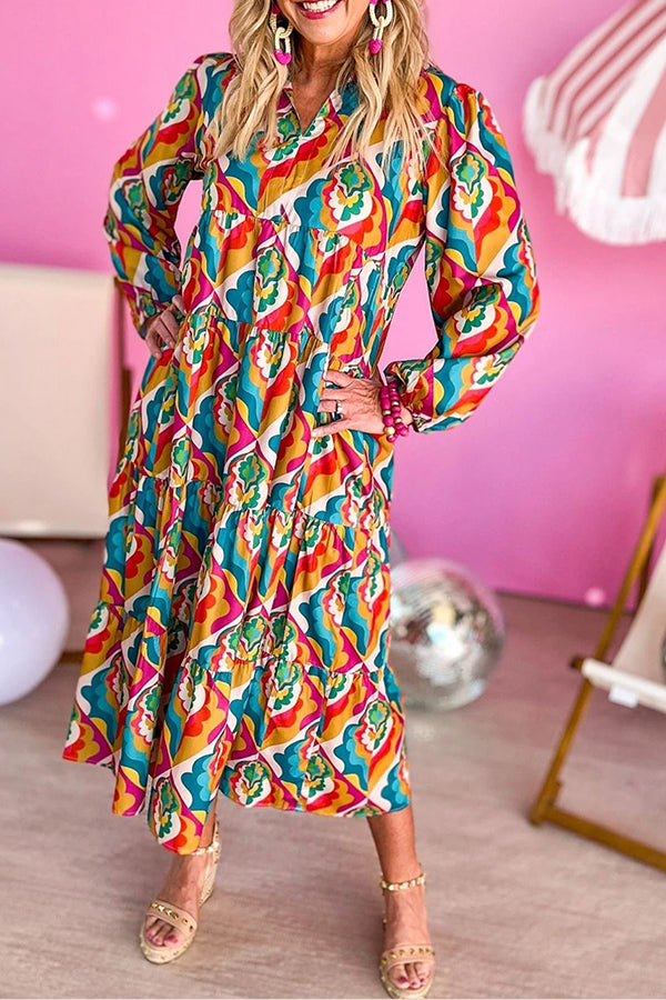 Vestido bohemio con cuello con muescas y estampado geométrico abstracto multicolor