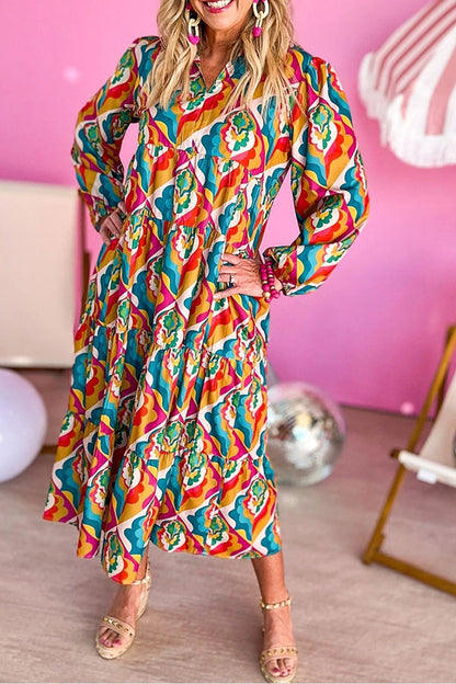 Vestido bohemio con cuello con muescas y estampado geométrico abstracto multicolor