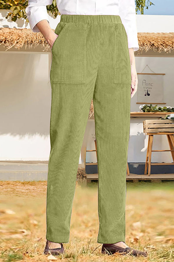 Pantalones casuales rectos a rayas con cintura elástica de color sólido