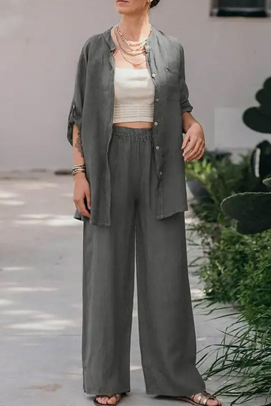 Conjunto de camisa y pantalón de color liso holgado informal