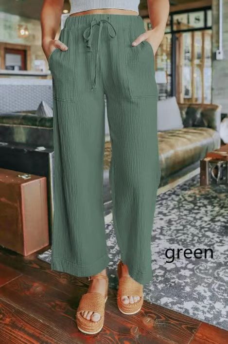 Pantalones anchos con cintura elástica y lazo para mujer