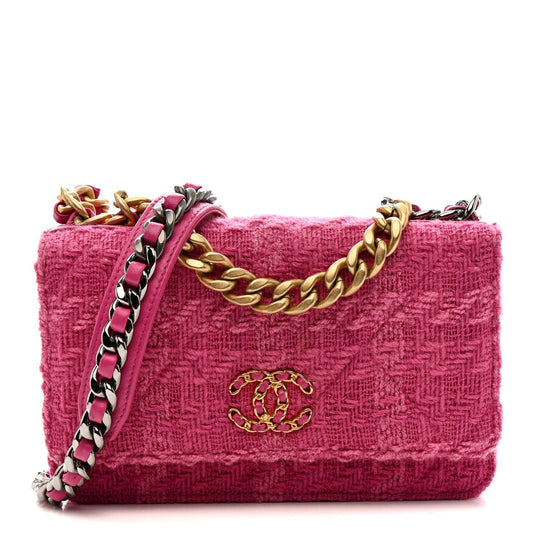 Wool Tweed Lambskin Quilted Chanel 19 Wallet On Chain WOC Fuchsia