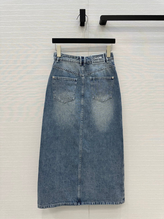 CC 25 Embroidered Midi Skirt Blue Denim Cotton