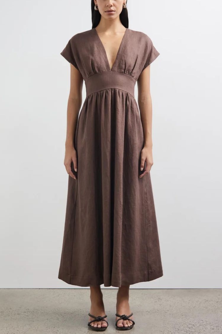 Vestido largo de cintura ajustada y manga corta en mezcla de lino Della